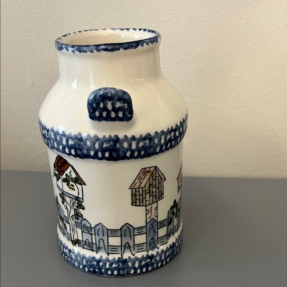 Vintage Cream and Blue Vase with Bird Houses  5” - Picture 5 of 5